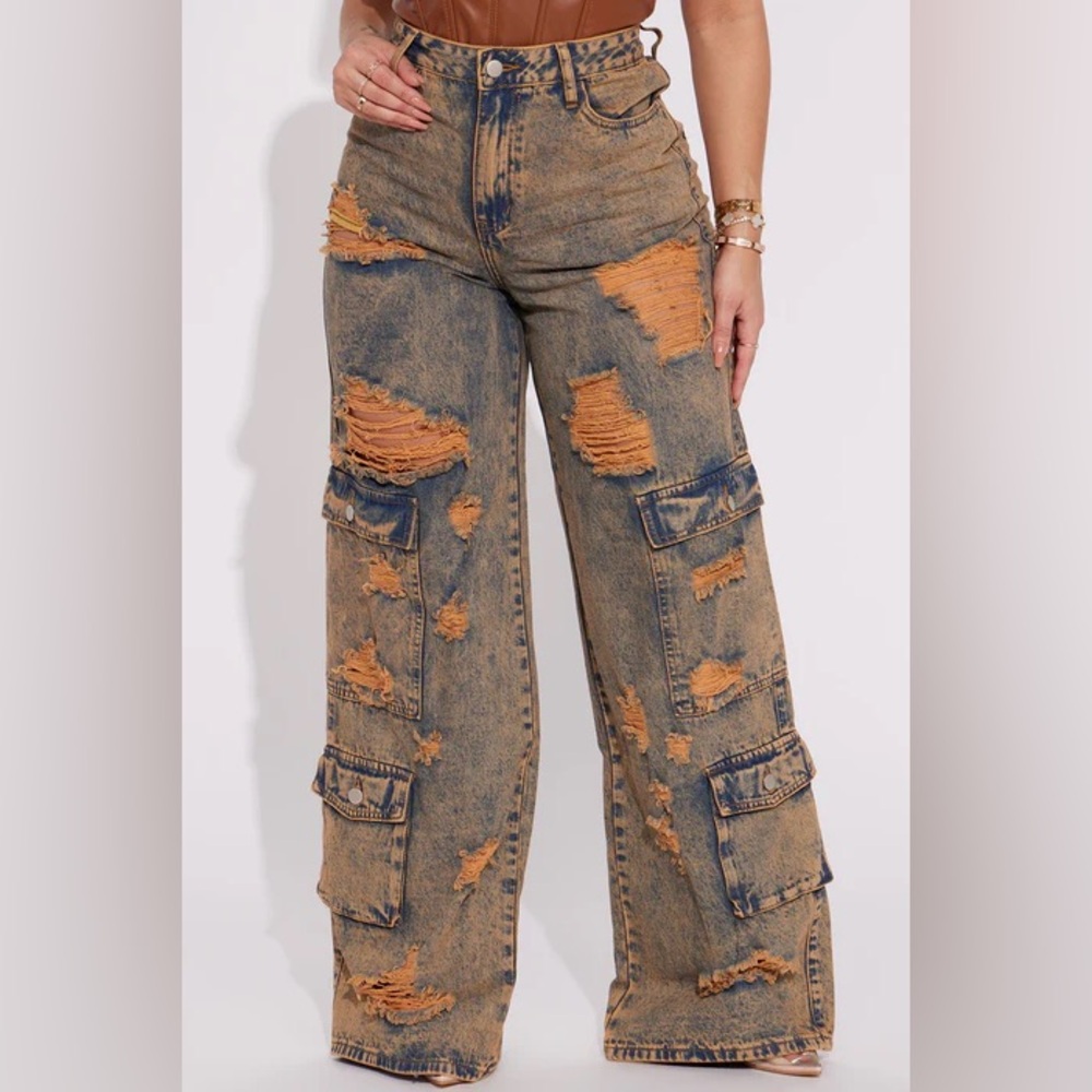 Fashion Nova Ripped Baggy Cargo Jeans-Copper